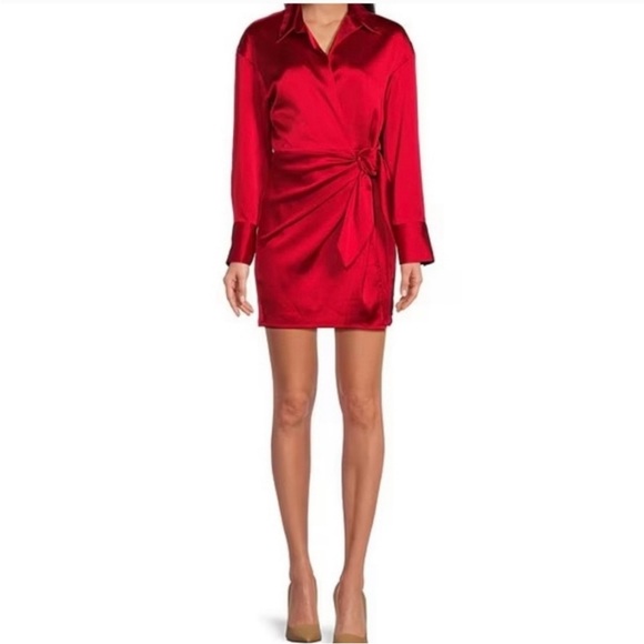 Gianni Bini Avery Long Sleeve Satin Point Collar Neck Faux Wrap Dress - Picture 12 of 13